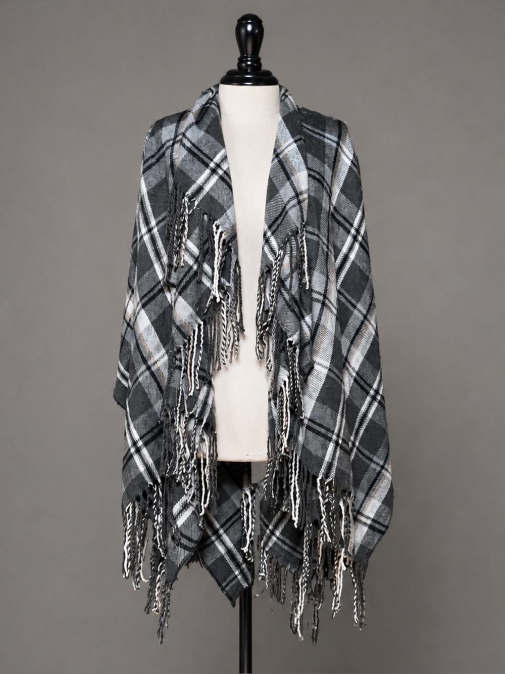 BCBGeneration O/S Gray Tweed Cape W/ fringe.